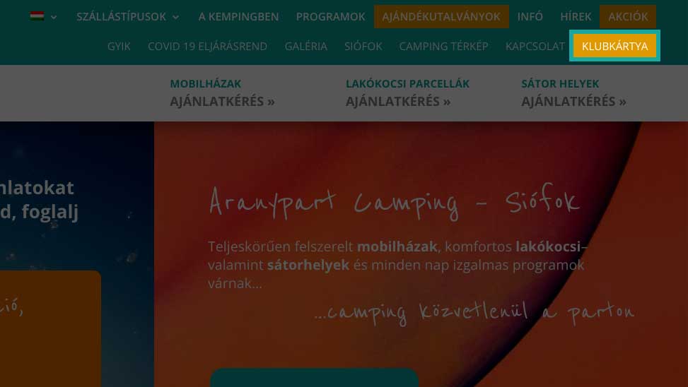 kedvezmény kártya, klubkártya Aranypart Camping